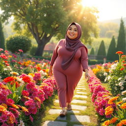 A vibrant HD animation of a plump woman wearing a hijab, happily walking through a beautiful garden