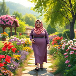 A vibrant HD animation of a plump woman wearing a hijab, happily walking through a beautiful garden