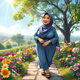 A vibrant HD animation of a plump woman wearing a hijab, happily walking through a beautiful garden