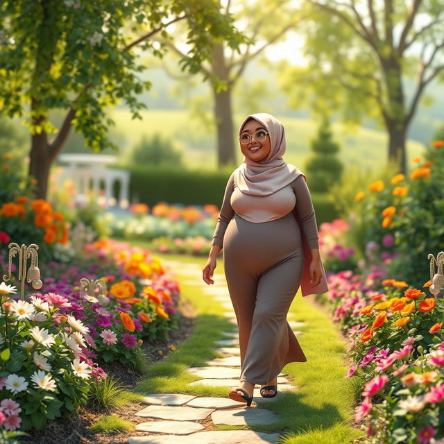 A vibrant HD animation of a plump woman wearing a hijab, happily walking through a beautiful garden