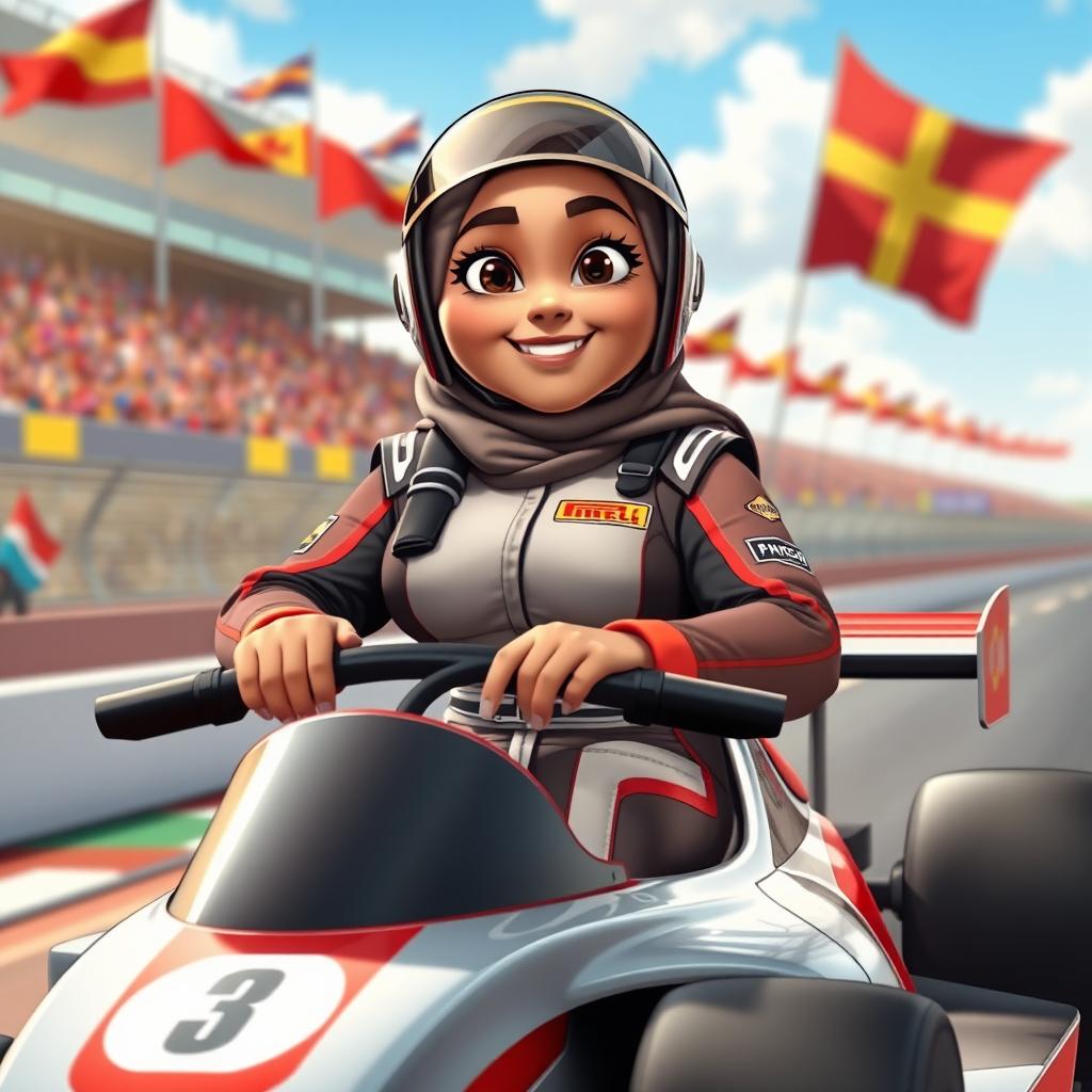 A vibrant HD animation of a plump woman wearing a hijab, confidently seated on a racing car