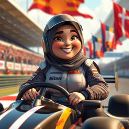 A vibrant HD animation of a plump woman wearing a hijab, confidently seated on a racing car