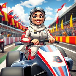 A vibrant HD animation of a plump woman wearing a hijab, confidently seated on a racing car