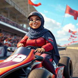 A vibrant HD animation of a plump woman wearing a hijab, confidently seated on a racing car