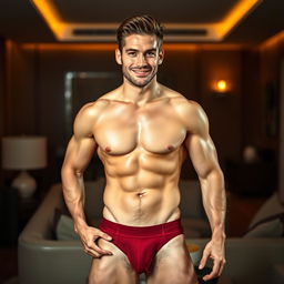 A handsome man confidently posing in his underwear, highlighting his athletic build and a prominent bulge