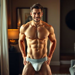 A handsome man confidently posing in his underwear, highlighting his athletic build and a prominent bulge