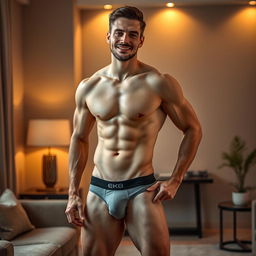 A handsome man confidently posing in his underwear, highlighting his athletic build and a prominent bulge