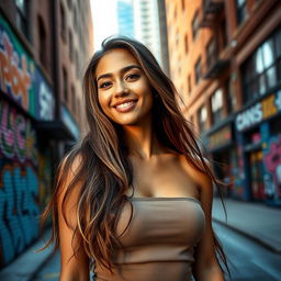 A stunning and confident young woman in a vibrant urban setting, showcasing her unique style and personality