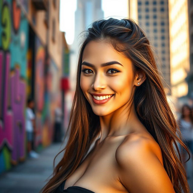 A stunning and confident young woman in a vibrant urban setting, showcasing her unique style and personality