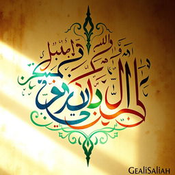 A vibrant Arabic calligraphy artwork highlighting the beauty of the Arabic language, featuring intricate swirling letters and designs in a rich palette of colors such as gold, deep blue, and emerald green on a textured background resembling ancient parchment