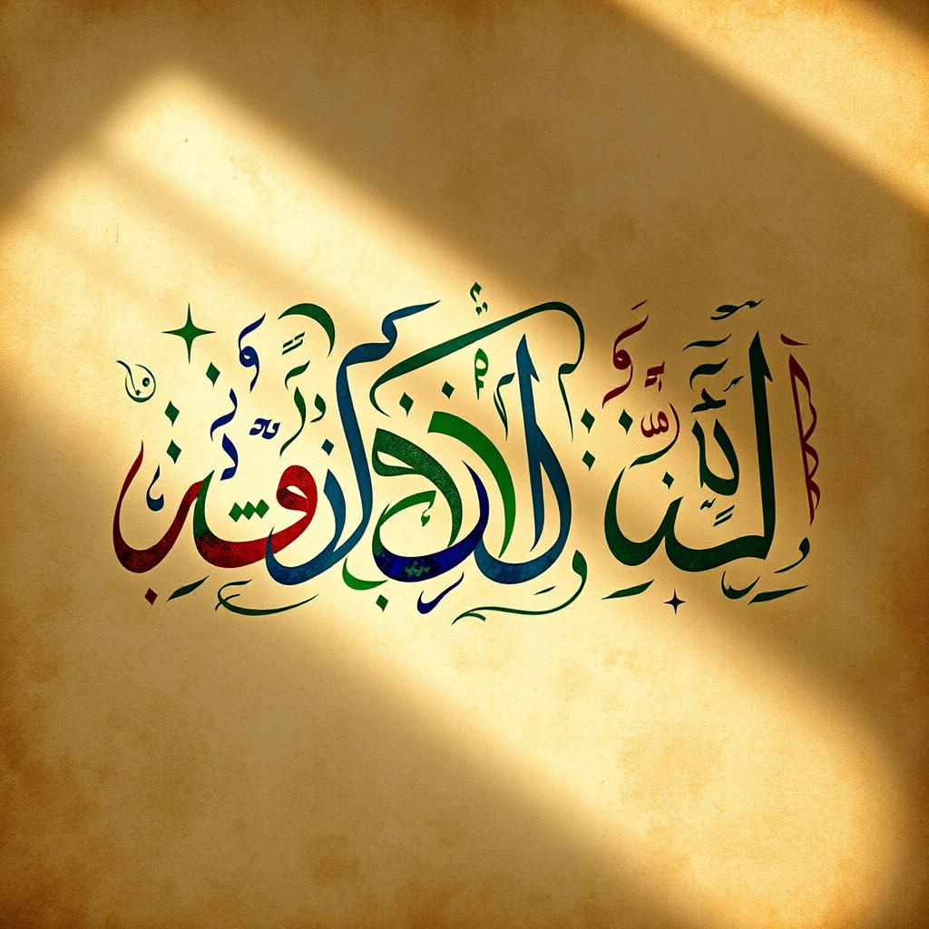 A vibrant Arabic calligraphy artwork highlighting the beauty of the Arabic language, featuring intricate swirling letters and designs in a rich palette of colors such as gold, deep blue, and emerald green on a textured background resembling ancient parchment