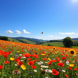 A serene and beautiful landscape showcasing a vast field of vibrant wildflowers swaying gently in the breeze under a clear blue sky