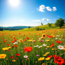 A serene and beautiful landscape showcasing a vast field of vibrant wildflowers swaying gently in the breeze under a clear blue sky