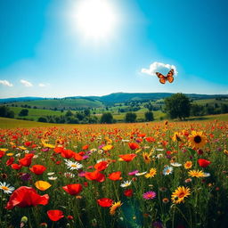 A serene and beautiful landscape showcasing a vast field of vibrant wildflowers swaying gently in the breeze under a clear blue sky