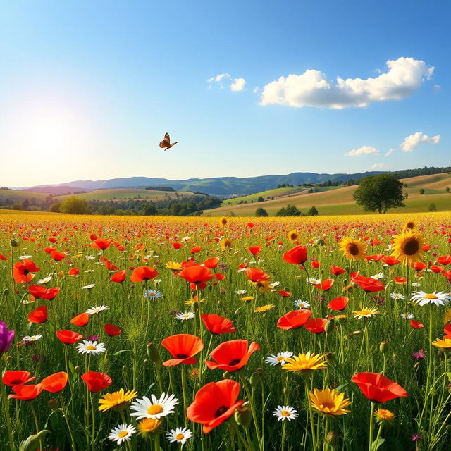 A serene and beautiful landscape showcasing a vast field of vibrant wildflowers swaying gently in the breeze under a clear blue sky