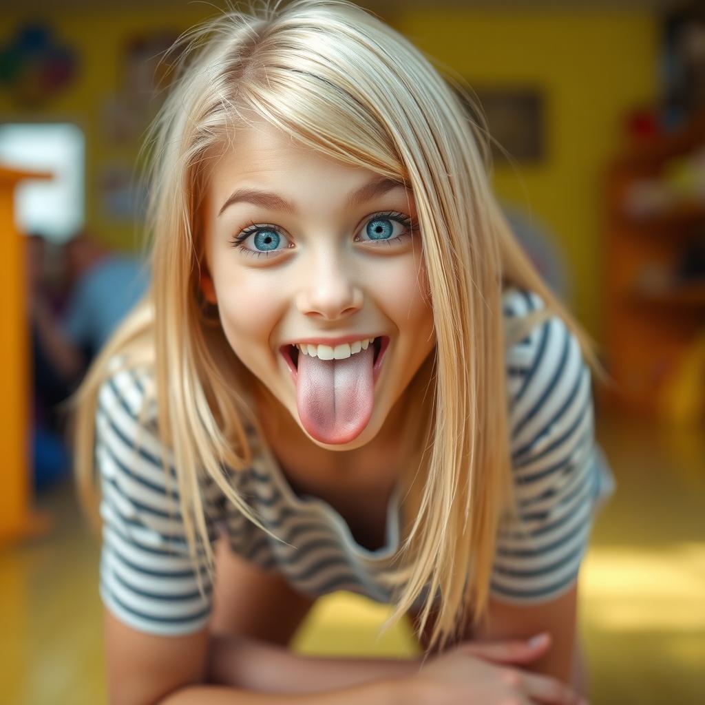 A blonde young woman, kneeling with a playful expression, sticking her tongue out mischievously