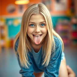 A young adult blonde woman with straight hair and blue eyes, kneeling with a playful expression