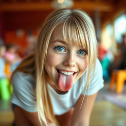 A young adult blonde woman with straight hair and blue eyes, kneeling with a playful expression