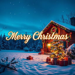 A festive winter landscape featuring a cozy cabin adorned with colorful Christmas lights and wreaths