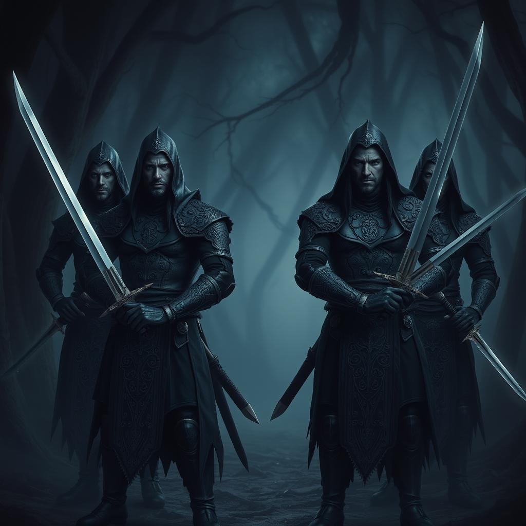 A group of Shadar-Kai men standing confidently, each wielding two swords