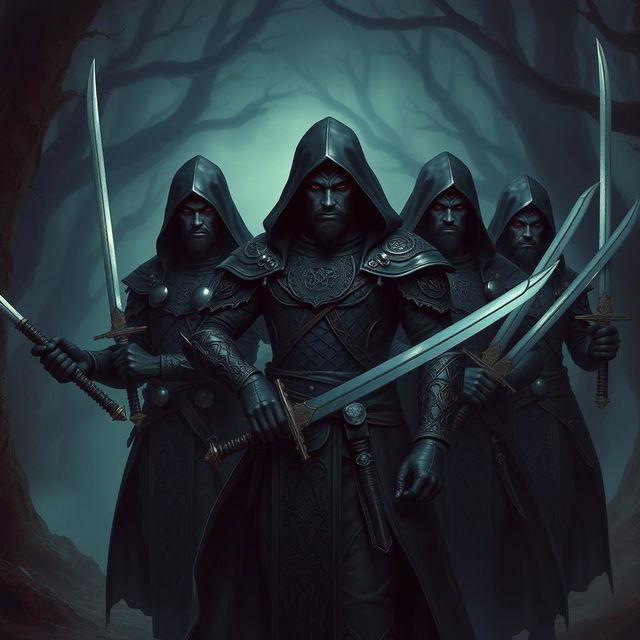 A group of Shadar-Kai men standing confidently, each wielding two swords