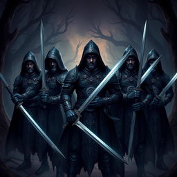 A group of Shadar-Kai men standing confidently, each wielding two swords