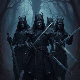 A group of Shadar-Kai men standing confidently, each wielding two swords