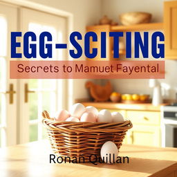 A vibrant, sunny kitchen filled with light, featuring a rustic basket overflowing with fresh eggs