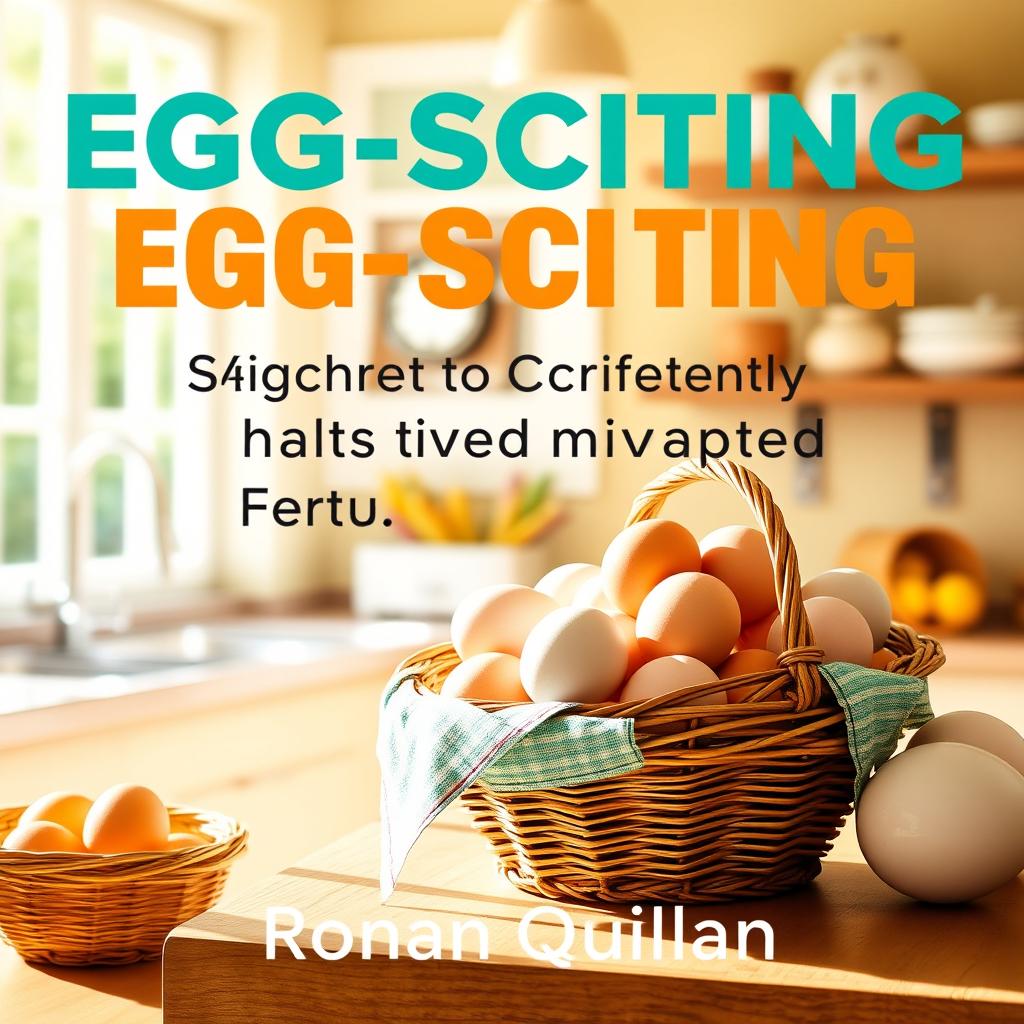 A vibrant, sunny kitchen filled with light, featuring a rustic basket overflowing with fresh eggs