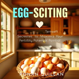 A vibrant, sunny kitchen filled with light, featuring a rustic basket overflowing with fresh eggs