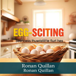 A vibrant, sunny kitchen filled with light, featuring a rustic basket overflowing with fresh eggs