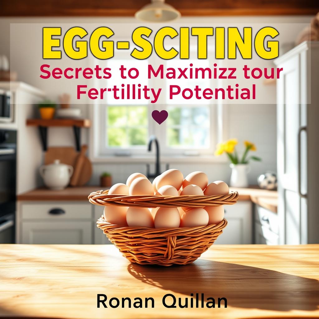 A realistic and vibrant kitchen filled with sunshine, showcasing a basket of fresh eggs prominently displayed on a rustic wooden countertop