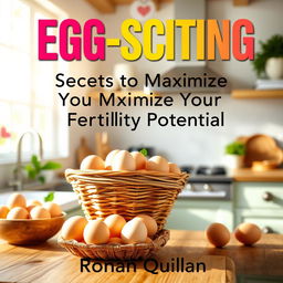 A realistic and vibrant kitchen filled with sunshine, showcasing a basket of fresh eggs prominently displayed on a rustic wooden countertop