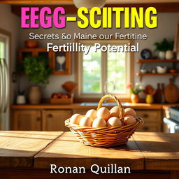 A realistic and vibrant kitchen filled with sunshine, showcasing a basket of fresh eggs prominently displayed on a rustic wooden countertop