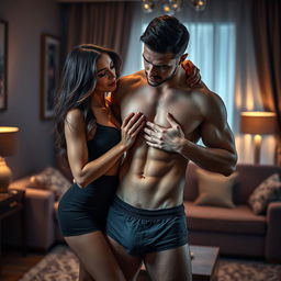 A seductive scene where a striking woman playfully touches the chest of a well-built man in boxers, accentuating his muscular physique and the outline of his bulge