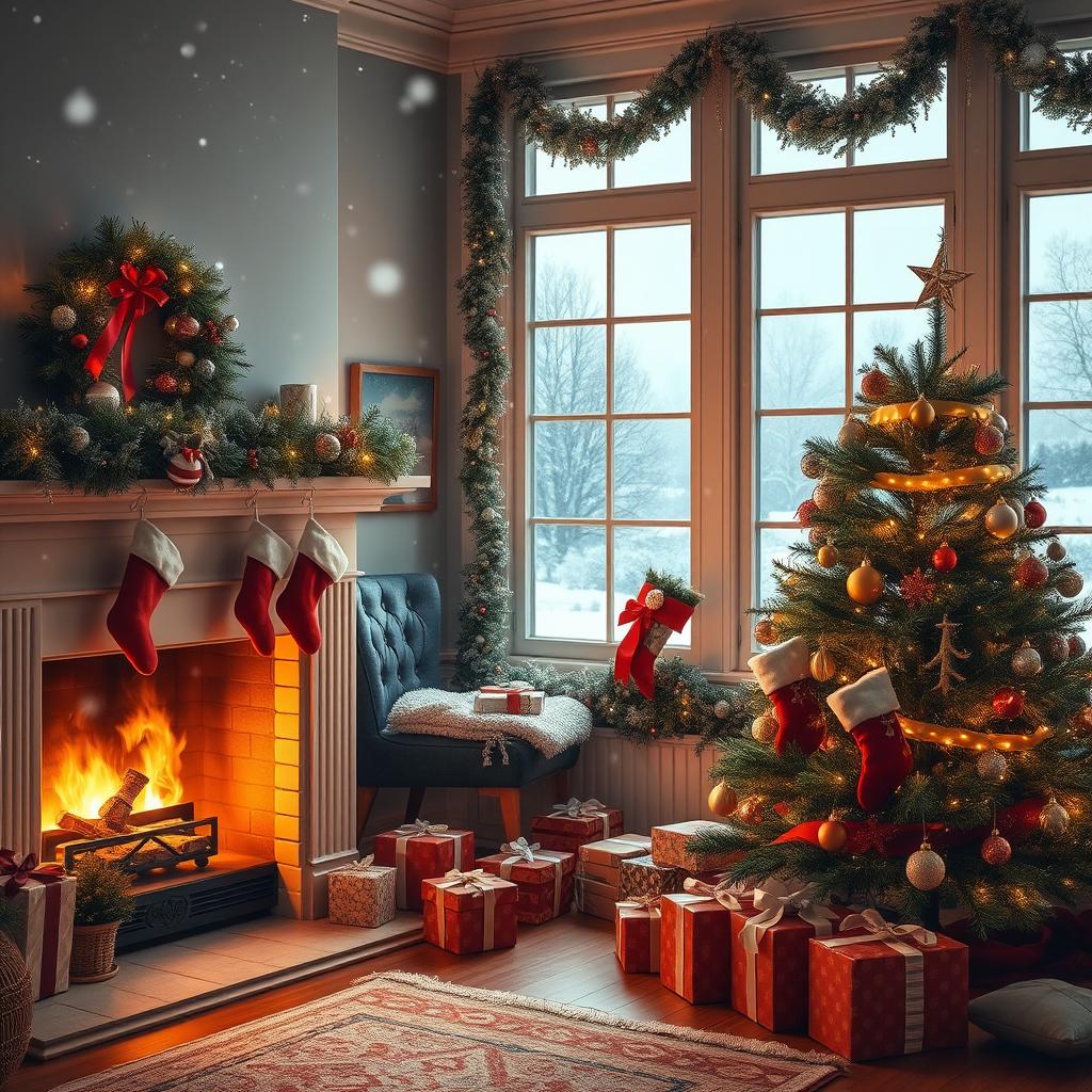 A beautiful Christmas scene featuring a cozy room adorned with festive decorations