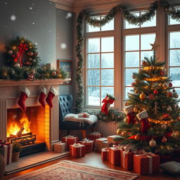 A beautiful Christmas scene featuring a cozy room adorned with festive decorations