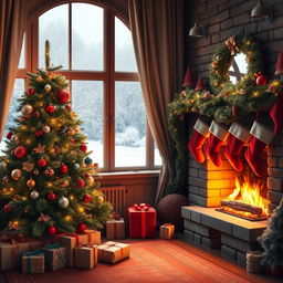 A beautiful Christmas scene featuring a cozy room adorned with festive decorations