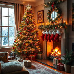 A beautiful Christmas scene featuring a cozy room adorned with festive decorations