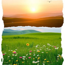 A digitally repaired photograph featuring a serene landscape
