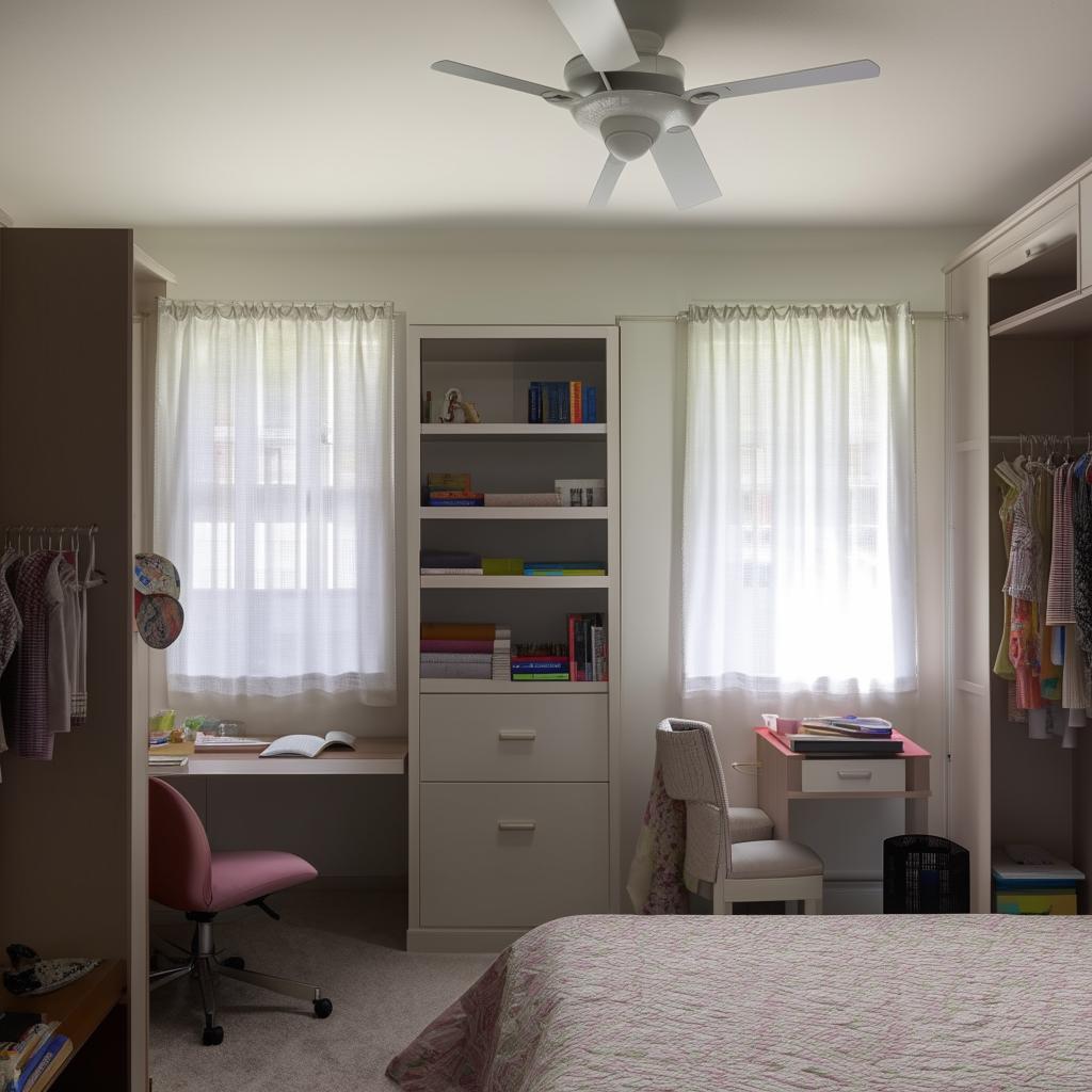 A teenage room featuring two small separate windows with curtains, a filled bookshelf, a study table and chair, a circulating fan, and a spacious wardrobe