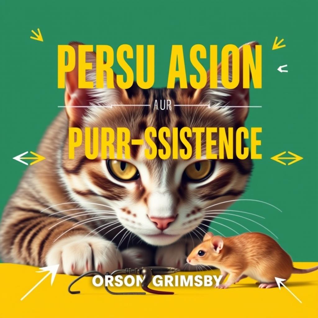 A flat book cover design titled 'Persuasion Purr-sistence' in large, bold typography at the center