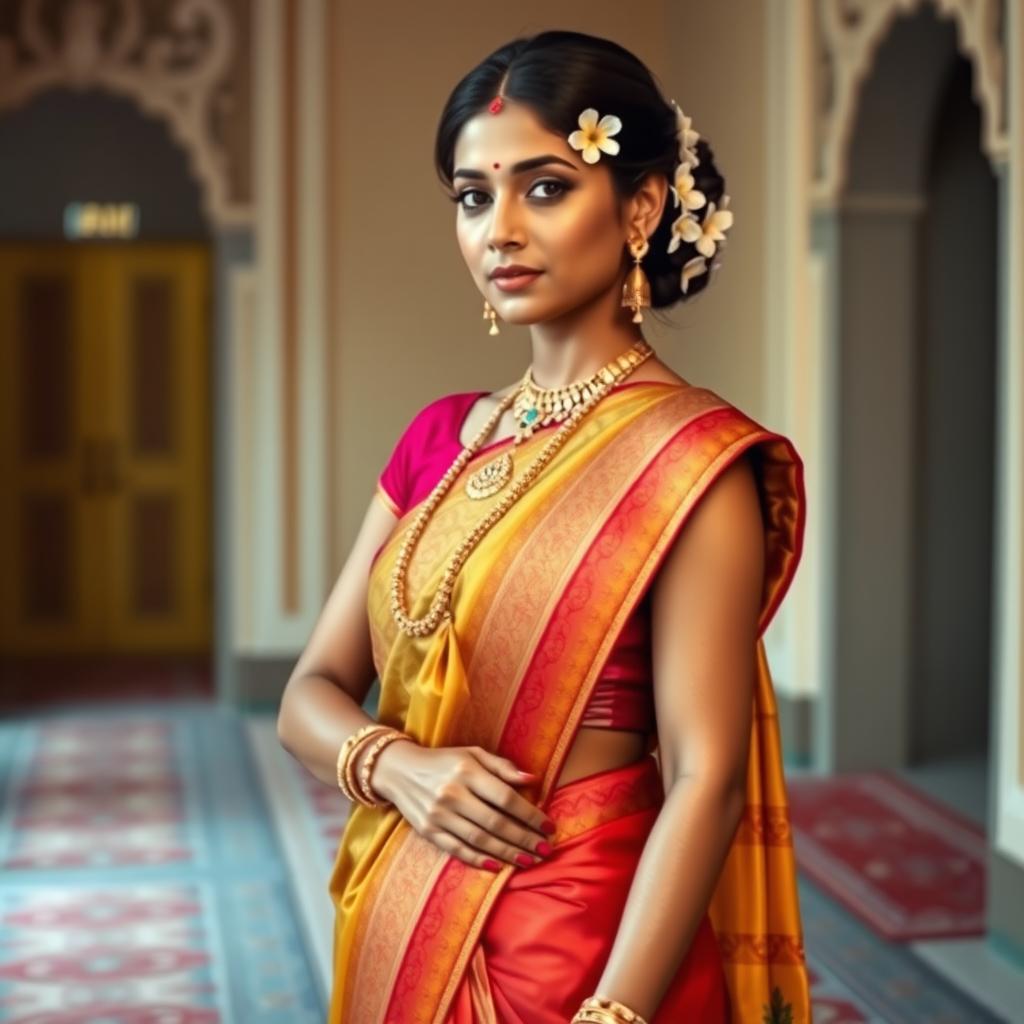 An elegant Indian woman dressed in a beautiful, colorful saree and a matching blouse, looking hot