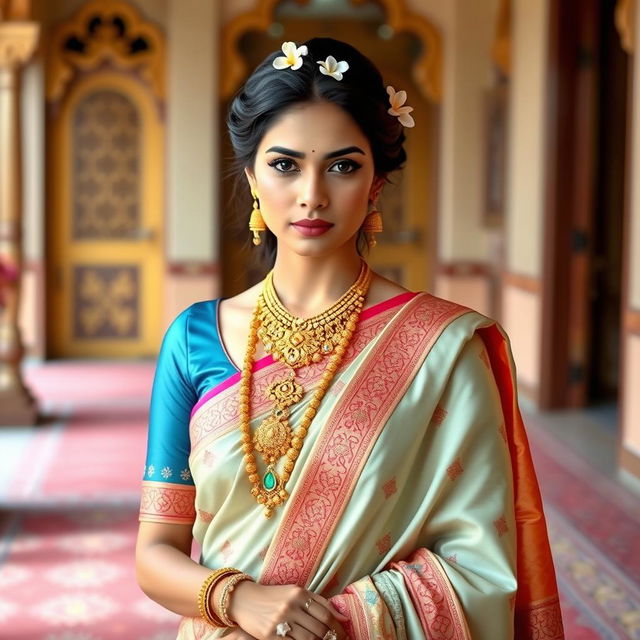 An elegant Indian woman dressed in a beautiful, colorful saree and a matching blouse, looking hot