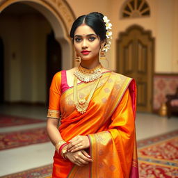 An elegant Indian woman dressed in a beautiful, colorful saree and a matching blouse, looking hot