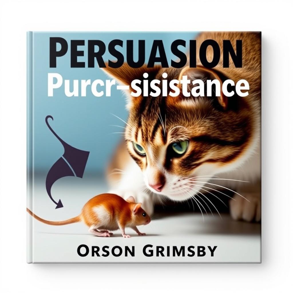 A flat book cover design featuring a large, bold title 'Persuasion Purr-sistence' at the top