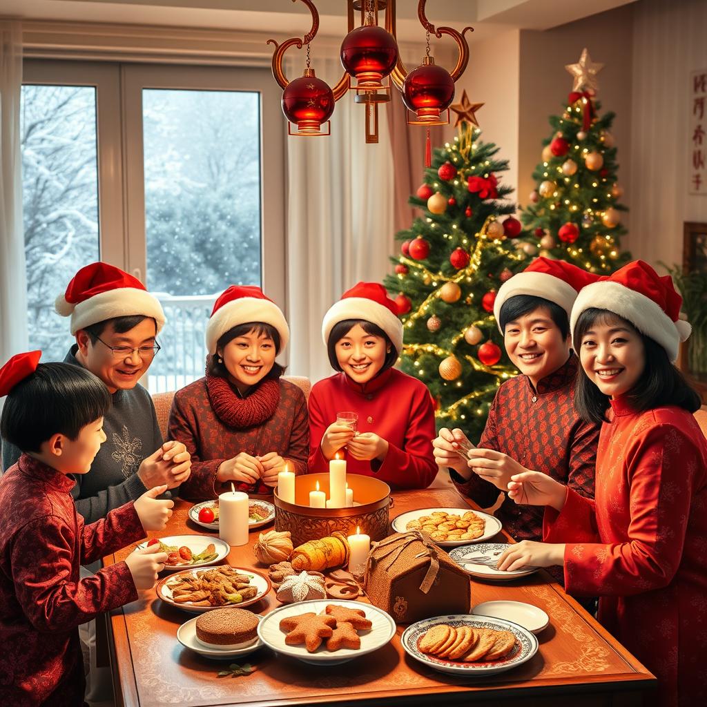 A vibrant scene of a Chinese family celebrating Christmas in a cozy home