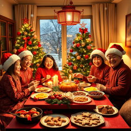 A vibrant scene of a Chinese family celebrating Christmas in a cozy home