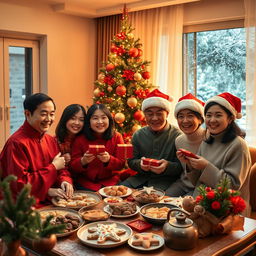 A vibrant scene of a Chinese family celebrating Christmas in a cozy home