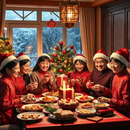 A vibrant scene of a Chinese family celebrating Christmas in a cozy home